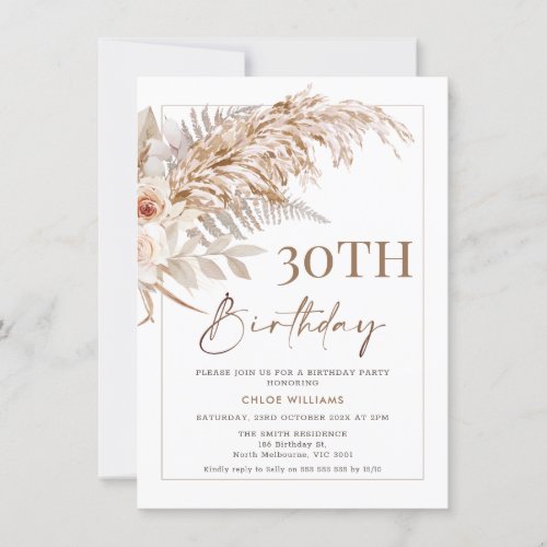 Boho Floral Pampas Grass Frame Birthday Invitation