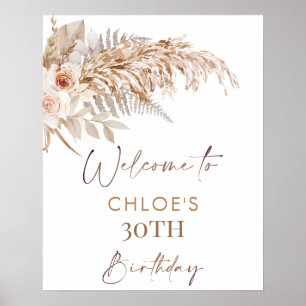 Boho Floral Pampas Grass Frame Birthday Welcome Poster
