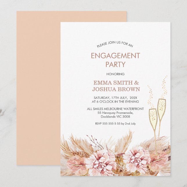 Boho Floral Pampas Grass Glasses Engagement  Invitation (Front/Back)