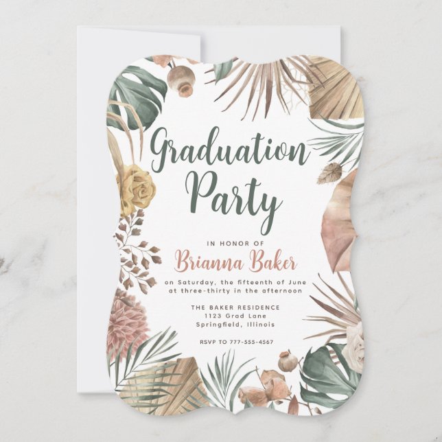 Boho Floral Pampas Grass Graduation Party Invitation (Front)