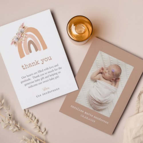 Boho Floral Pampas Grass New Baby Photo Thank You Card