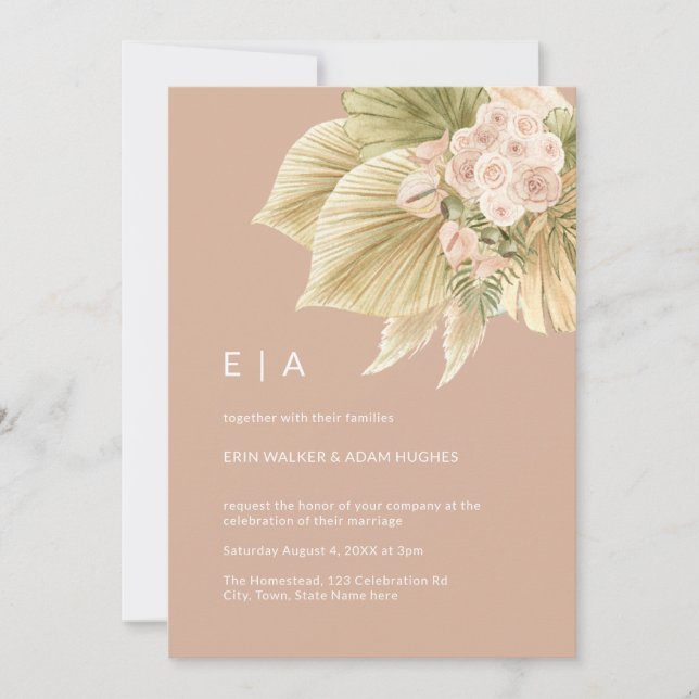 Boho Floral Pampas Grass Palm Blush Pink Wedding Invitation (Front)