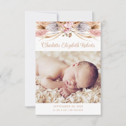 Boho Floral Pampas Grass Photo Birth Announcement