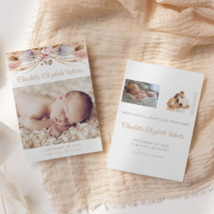 Boho Floral Pampas Grass Photo Birth Announcement