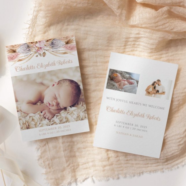 Boho Floral Pampas Grass Photo Birth Announcement (Creator Uploaded)