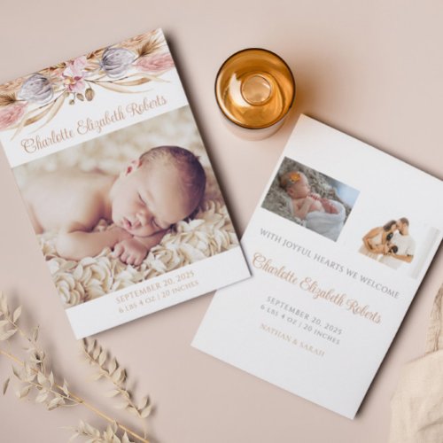 Boho Floral Pampas Grass Photo Birth Announcement