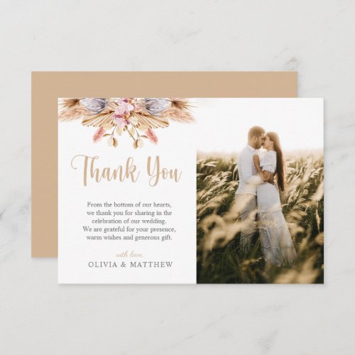 Boho Floral Pampas Grass Photo Wedding Thank You