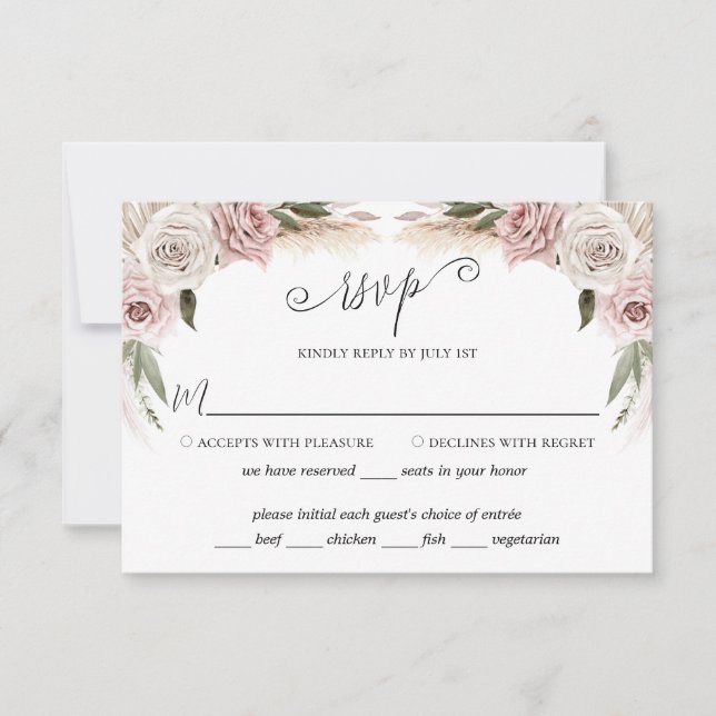 Boho Floral Pampas Grass Pink RSVP Card (Front)