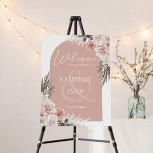 Boho Floral Pampas Grass Pink Wedding Welcome Sign