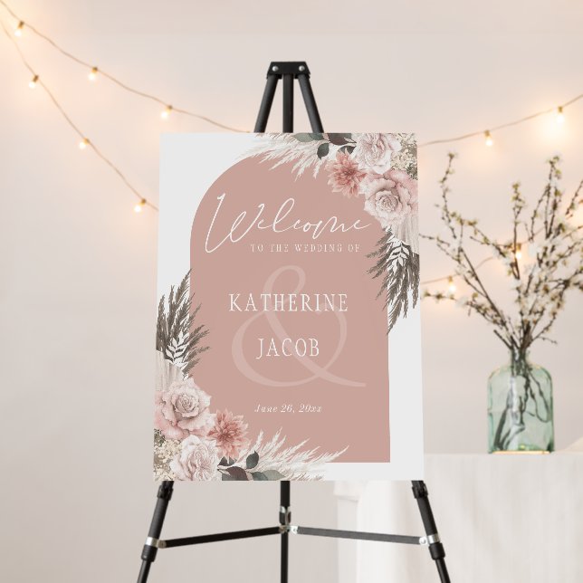 Boho Floral Pampas Grass Pink Wedding Welcome Sign (In Situ (Stand))
