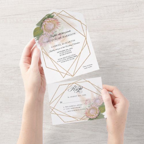 Boho Floral Pampas Grass Protea Geometric Gold All All In One Invitation