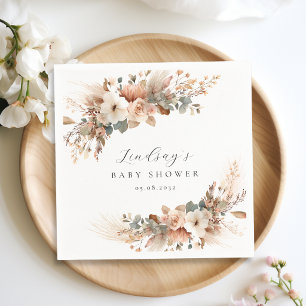 Boho Floral Pampas Grass Rose Baby Shower Napkins