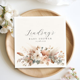 Boho Floral Pampas Grass Rose Beige Baby Shower Napkins