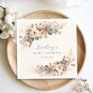 Boho Floral Pampas Grass Rose Beige Baby Shower Napkins