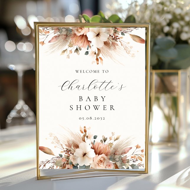 Boho Floral Pampas Grass Rose Beige Welcome Poster (Boho Floral Pampas Grass Rose Welcome Poster)