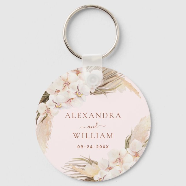 Boho Floral Pampas Grass Rustic Wedding Favor Keychain (Front)