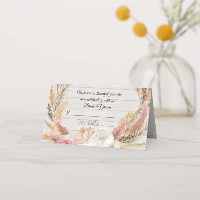 Boho Floral Pampas Grass Rustic Wood Place Cards (Front)