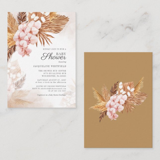 Boho Floral Pampas Grass Terracotta Baby Shower Note Card (Front/Back)