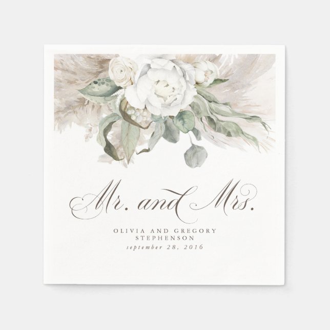 Boho Floral Pampas Grass Wedding Napkins (Front)