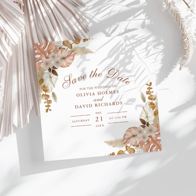 Boho Floral Pampas Grass Wedding Save the Date (Boho Floral Pampas Grass Wedding Save the Date on a sunny white table with white dry palm leaf.)