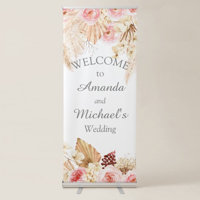 Boho Floral Pampas Grass Wedding Welcome Sign (Front)