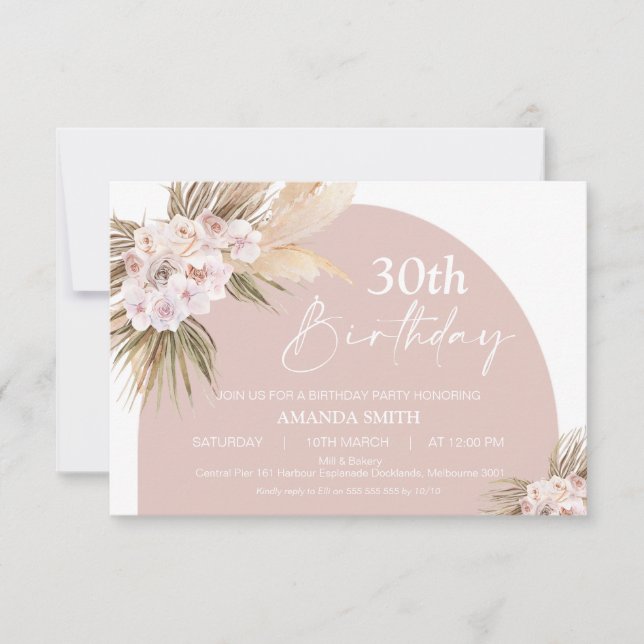 Boho Floral Pampas Palm Roses 30th Birthday Invitation (Front)