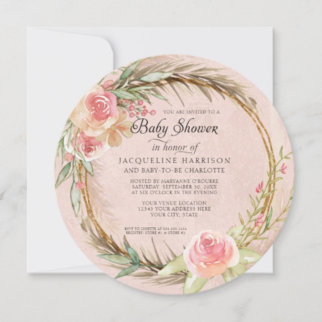 BOHO Floral Pampas Pink Watercolor Wreath Baby Invitation (Front)