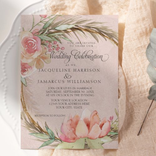 BOHO Floral Pampas Pink Watercolor Wreath Wedding Invitation