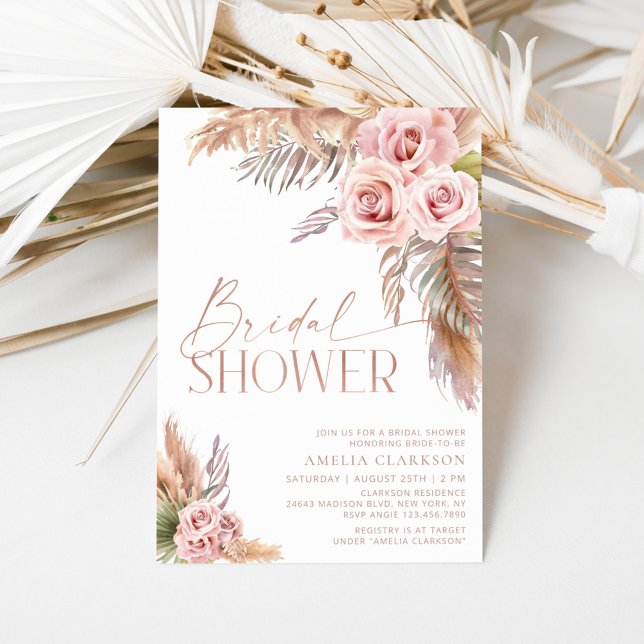 Boho Floral Pampas Rose Gold Bridal Shower Invitation (Creator Uploaded)