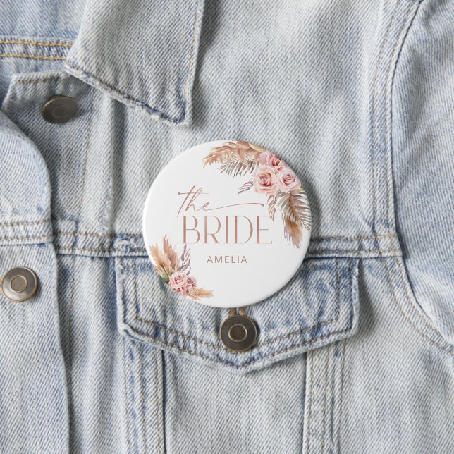 Boho Floral Pampas Rose Gold Bride Button (In Situ)