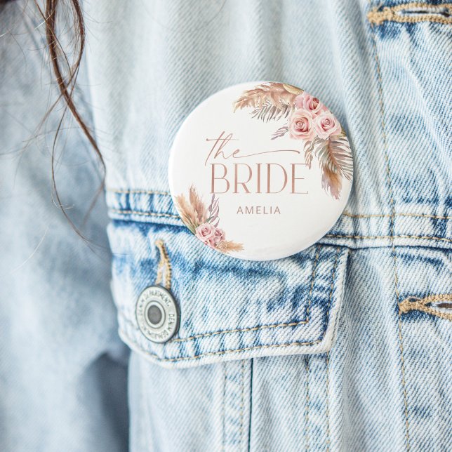 Boho Floral Pampas Rose Gold Bride Button (Creator Uploaded)