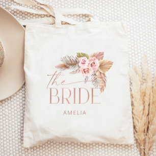 Boho Floral Pampas Rose Gold Bride Tote Bag