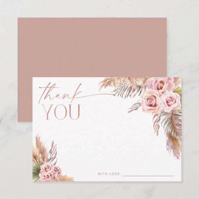 Boho Floral Pampas Rose Gold Thank You Invitation (Front/Back)
