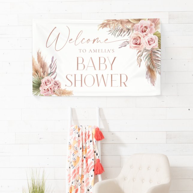 Boho Floral Pampas Rose Gold Welcome Banner (Insitu)