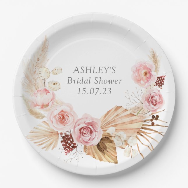 Boho floral pampas wreath Bridal Shower Paper Plates (Front)