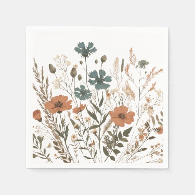 Boho floral paper party napkin, wildflowers napkins (Front)