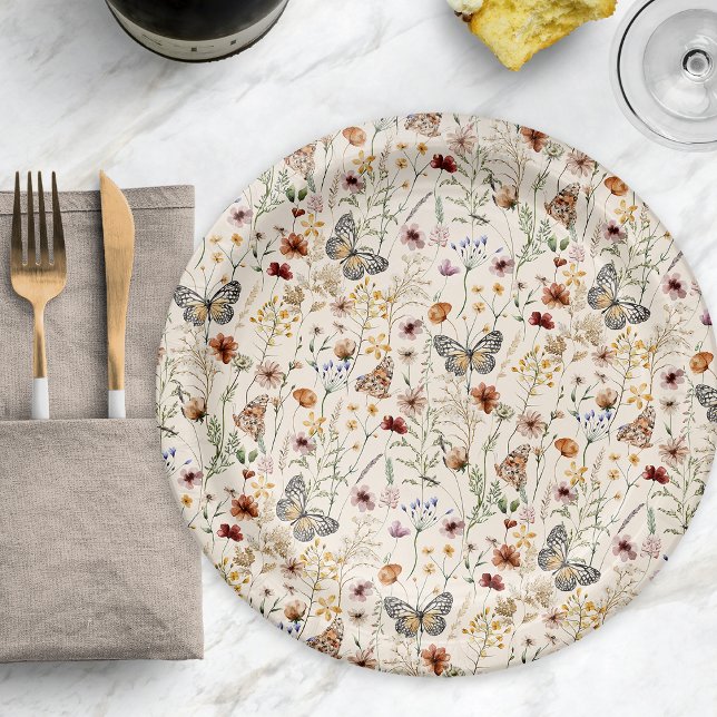 Boho Floral Paper Plate (Boho Floral Paper Plate with Butterflies by Painted Paperie
)
