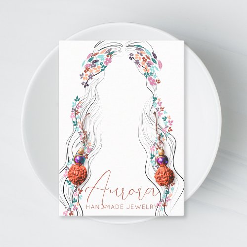 Boho Floral Pastel Wavy Hair Girl Drawing Earrings Business Card