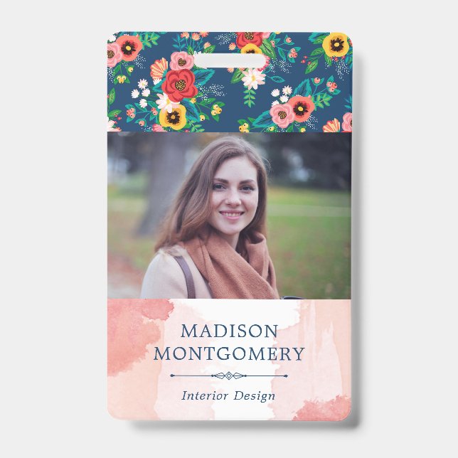 Boho Floral Pattern & Blush Pink Watercolor Photo Badge (Front)