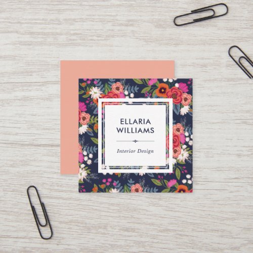 Boho Floral Pattern _ Coral  Navy Blue Square Business Card