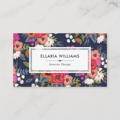 Boho Floral Pattern _ Navy Blue  Coral Business Card