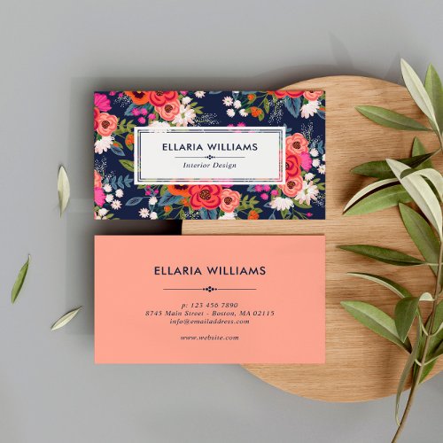 Boho Floral Pattern _ Navy Blue  Coral Business Card