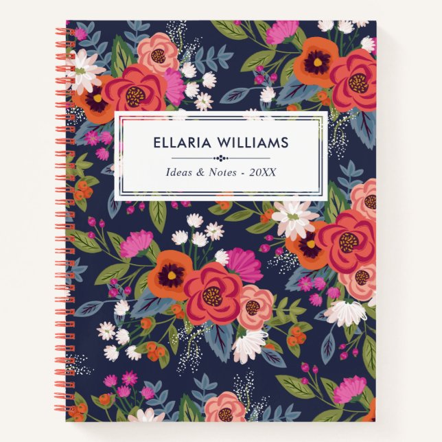 Boho Floral Pattern - Navy Blue & Coral - Name Notebook (Front)