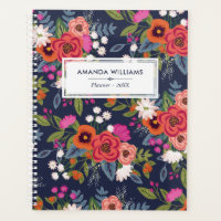 Boho Floral Pattern - Navy Blue & Coral - Name Planner