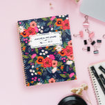 Boho Floral Pattern - Navy Blue & Coral - Name Planner<br><div class="desc">Spiral planner printed with a colorful floral pattern of hand-drawn flowers in orange,  coral red,  hot pink,  and white,  like pansies,  daisies,  and roses. Add your name and the year to the cover.</div>