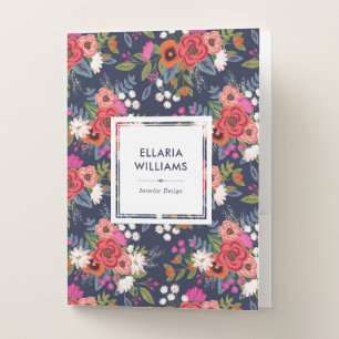 Boho Floral Pattern - Navy Blue & Coral - Name Pocket Folder