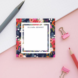 Boho Floral Pattern - Navy Blue - Custom Name Post-it Notes