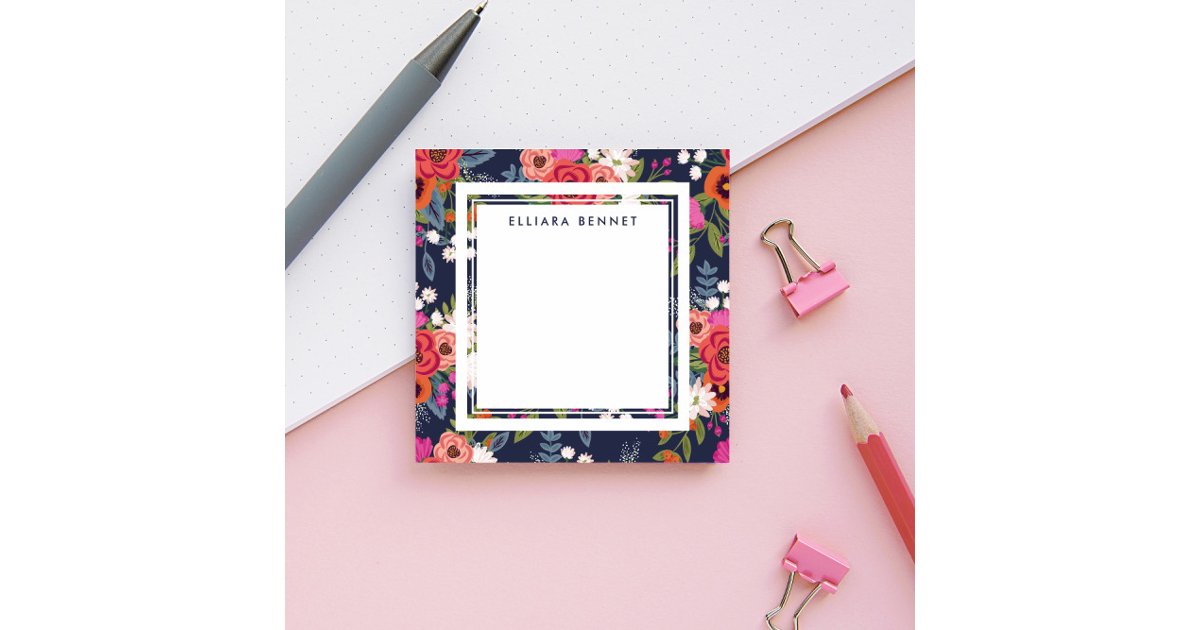 Boho Floral Pattern - Navy Blue - Custom Name Post-it Notes | Zazzle