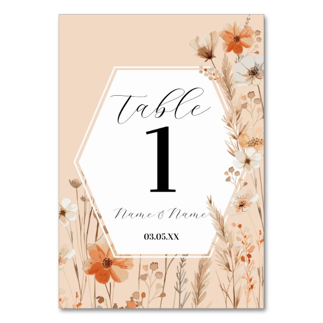 Boho Floral Peach Bohemian Menu Table Numbers (Front)