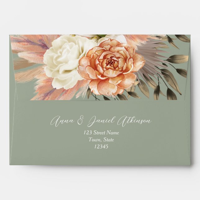 Boho Floral Peach Sage Green Wedding Envelope (Back (Top Flap))